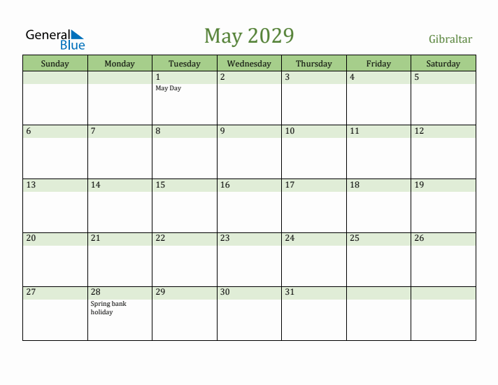 May 2029 Calendar with Gibraltar Holidays