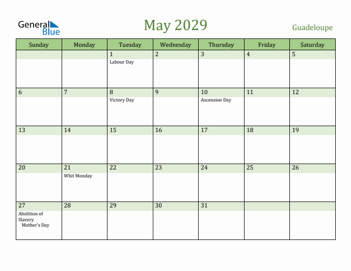 May 2029 Calendar with Guadeloupe Holidays