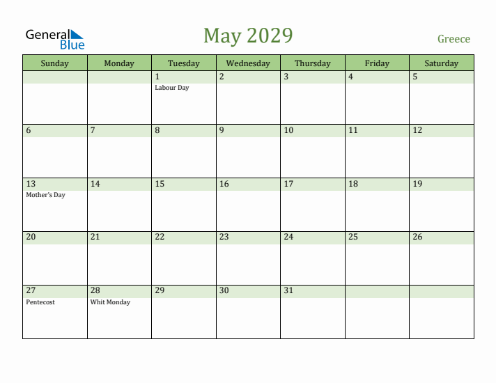 May 2029 Calendar with Greece Holidays