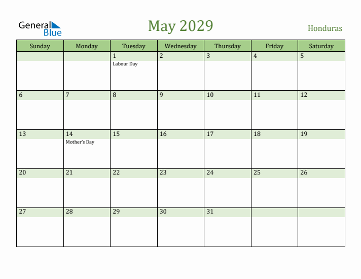 May 2029 Calendar with Honduras Holidays