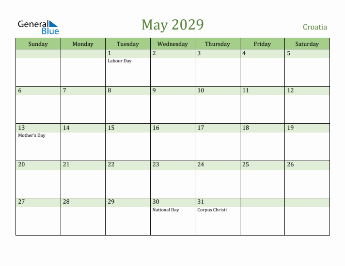 May 2029 Calendar with Croatia Holidays