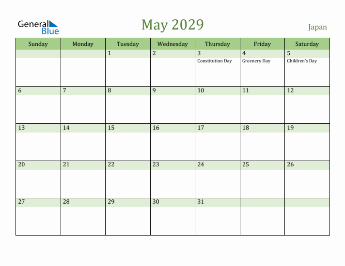 May 2029 Calendar with Japan Holidays