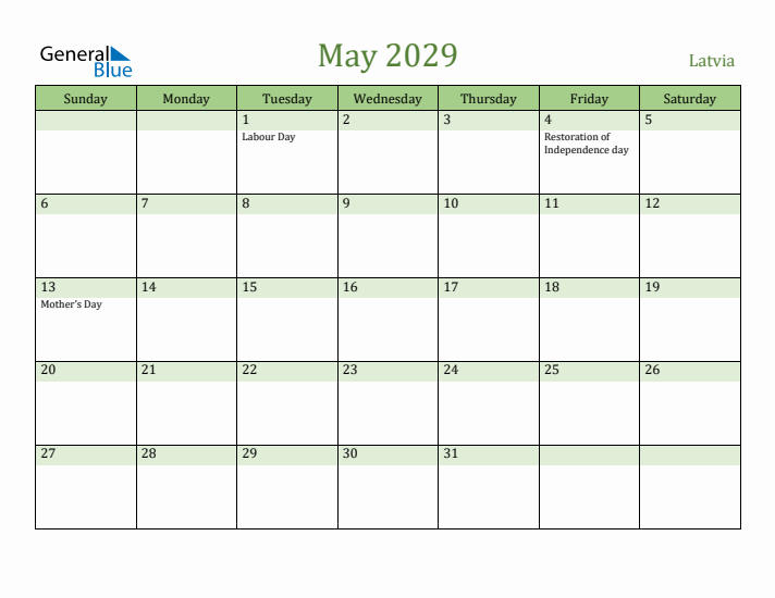 May 2029 Calendar with Latvia Holidays