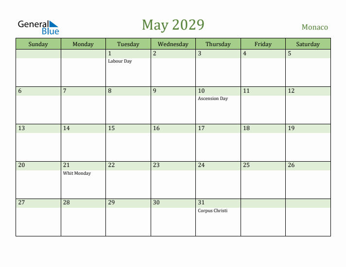 May 2029 Calendar with Monaco Holidays