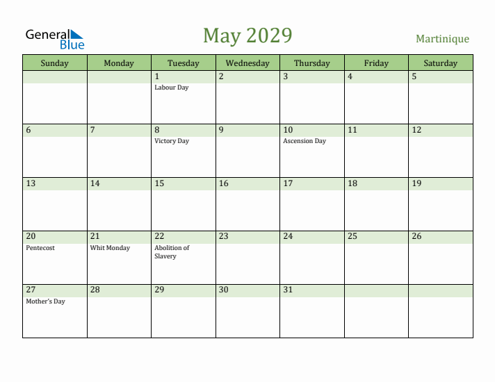 May 2029 Calendar with Martinique Holidays