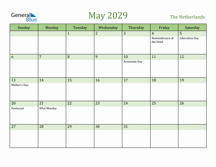 May 2029 Calendar with The Netherlands Holidays