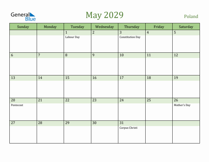 May 2029 Calendar with Poland Holidays