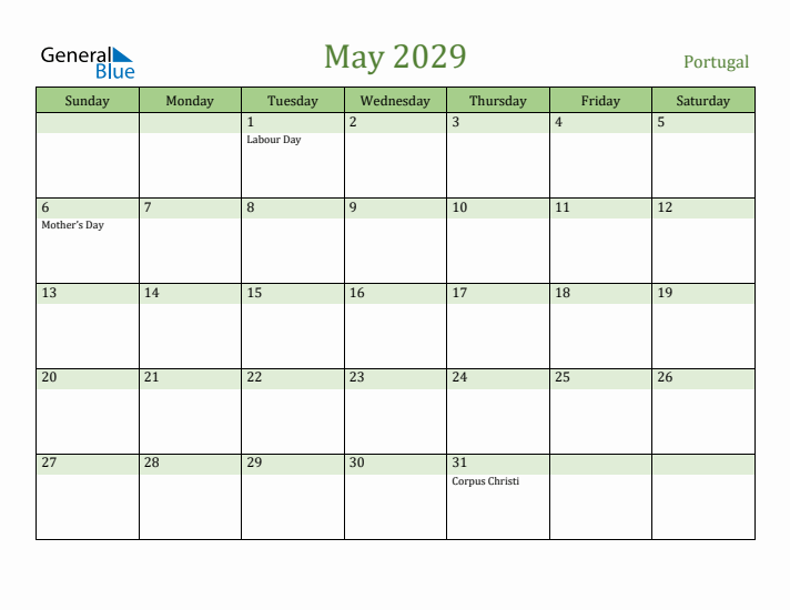 May 2029 Calendar with Portugal Holidays