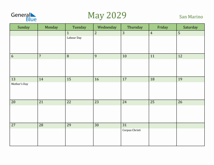 May 2029 Calendar with San Marino Holidays