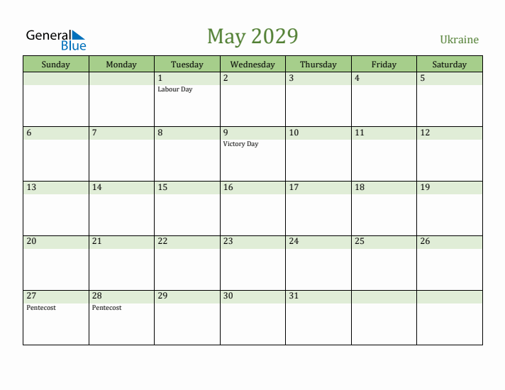 May 2029 Calendar with Ukraine Holidays
