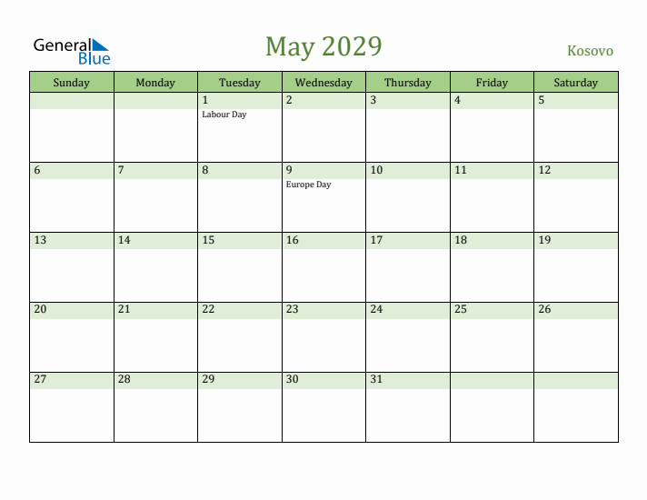 May 2029 Calendar with Kosovo Holidays