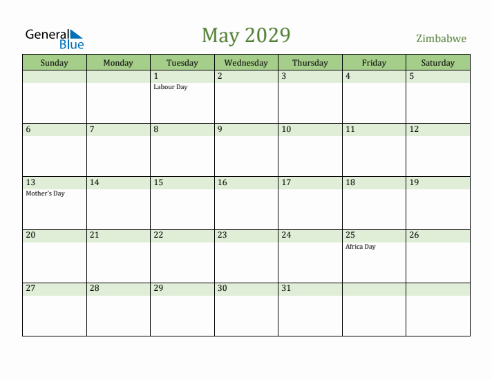 May 2029 Calendar with Zimbabwe Holidays