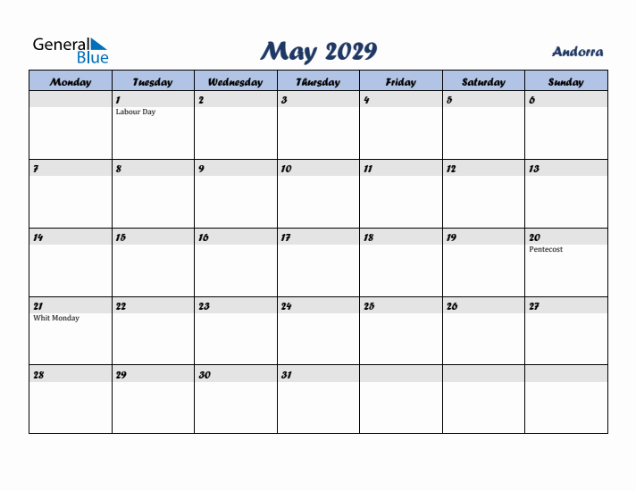 May 2029 Calendar with Holidays in Andorra