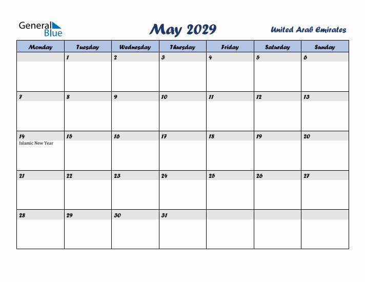 May 2029 Calendar with Holidays in United Arab Emirates