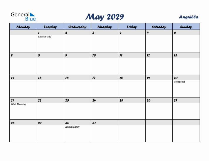 May 2029 Calendar with Holidays in Anguilla