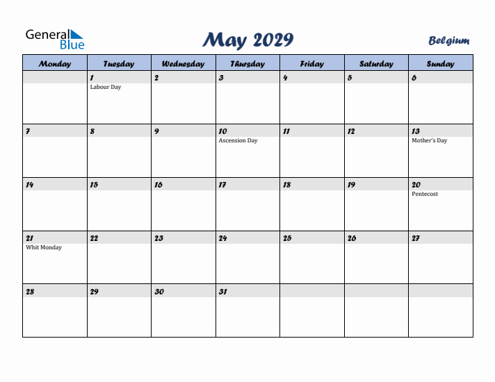 May 2029 Calendar with Holidays in Belgium