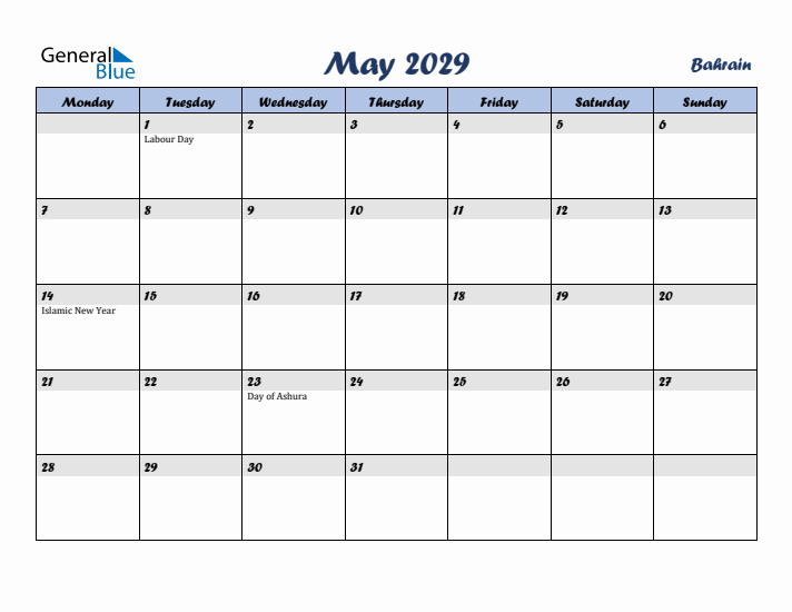 May 2029 Calendar with Holidays in Bahrain