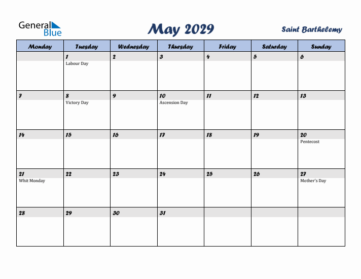 May 2029 Calendar with Holidays in Saint Barthelemy