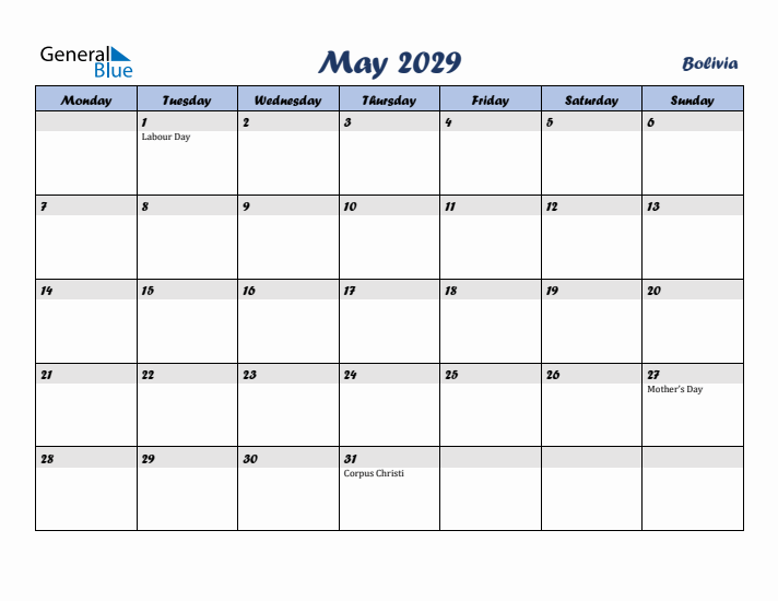 May 2029 Calendar with Holidays in Bolivia