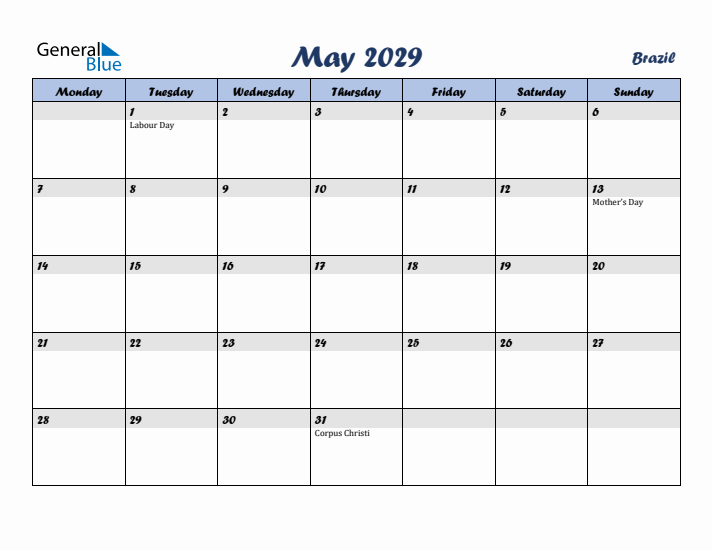 May 2029 Calendar with Holidays in Brazil