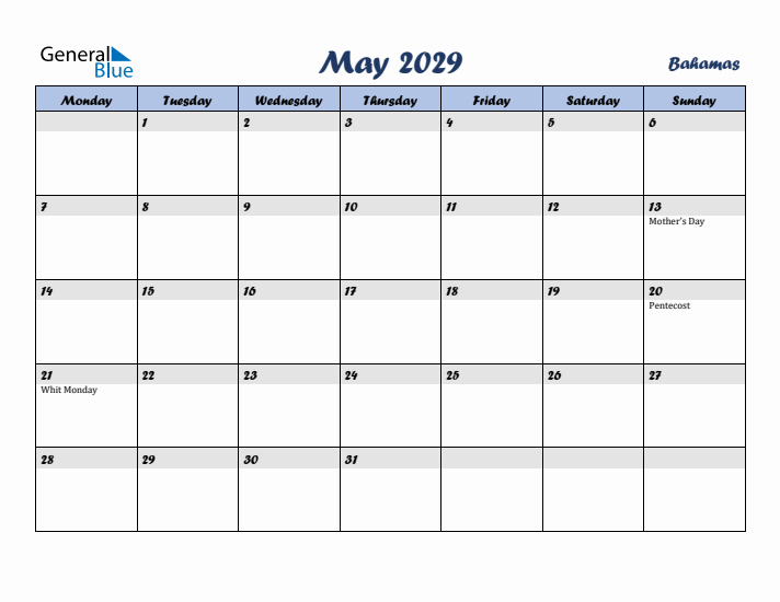 May 2029 Calendar with Holidays in Bahamas