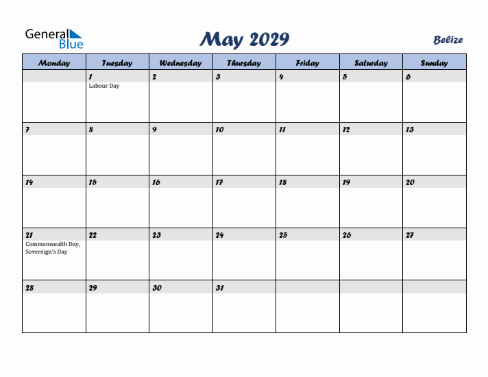 May 2029 Calendar with Holidays in Belize