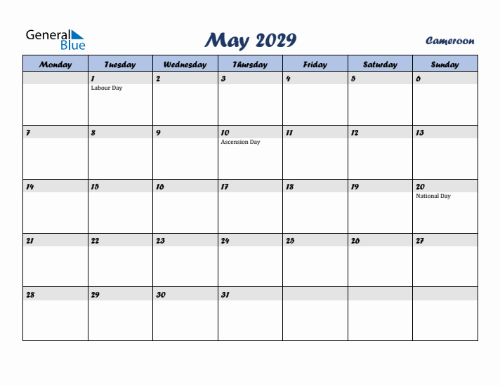 May 2029 Calendar with Holidays in Cameroon
