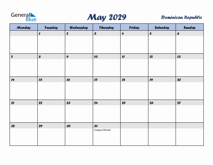 May 2029 Calendar with Holidays in Dominican Republic