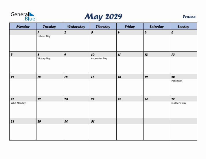 May 2029 Calendar with Holidays in France