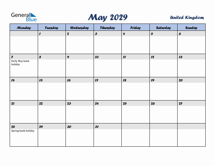 May 2029 Calendar with Holidays in United Kingdom