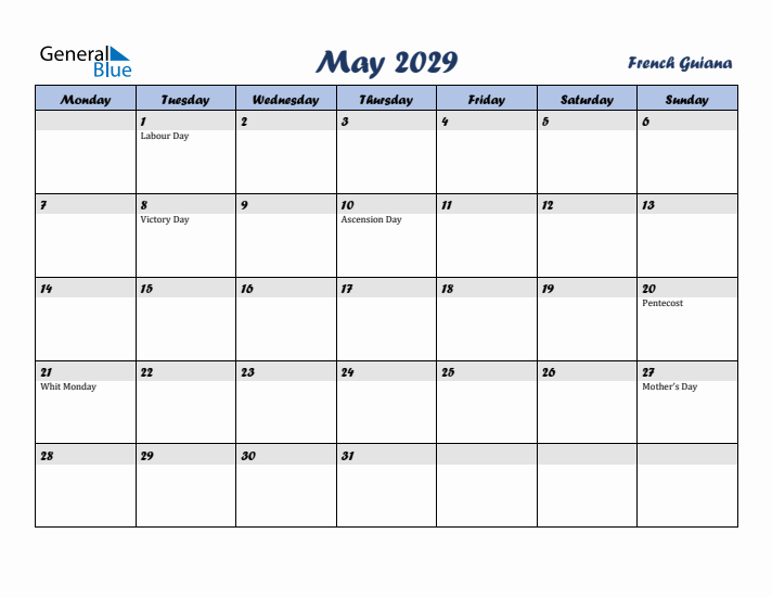 May 2029 Calendar with Holidays in French Guiana
