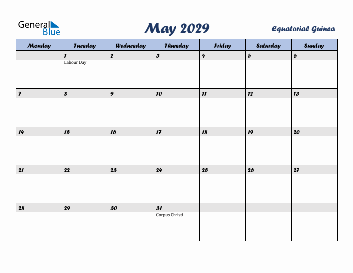 May 2029 Calendar with Holidays in Equatorial Guinea