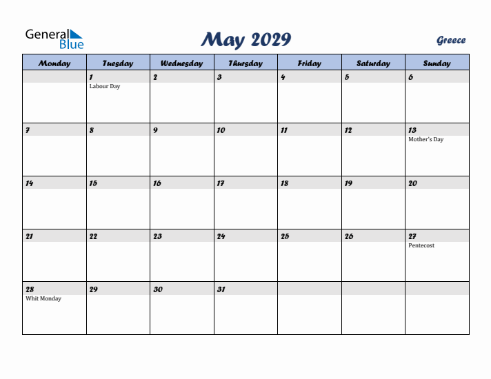 May 2029 Calendar with Holidays in Greece