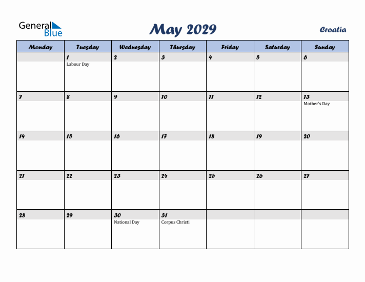 May 2029 Calendar with Holidays in Croatia