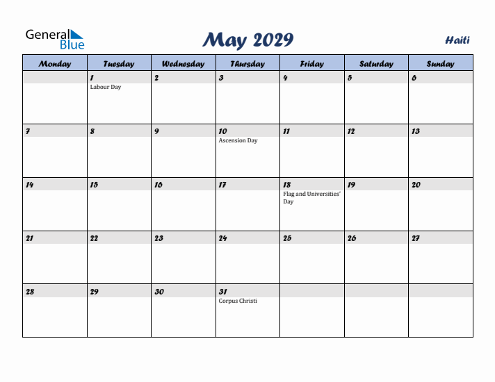 May 2029 Calendar with Holidays in Haiti