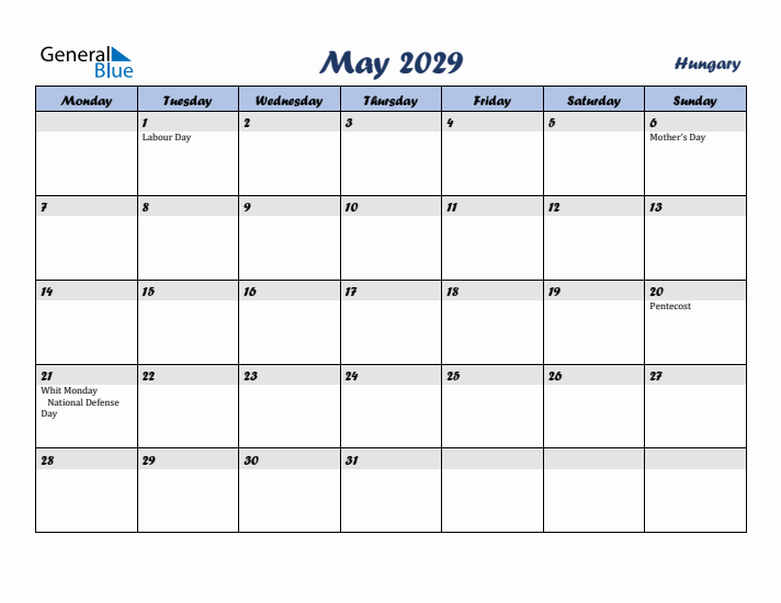 May 2029 Calendar with Holidays in Hungary