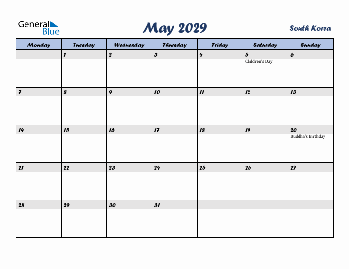 May 2029 Calendar with Holidays in South Korea