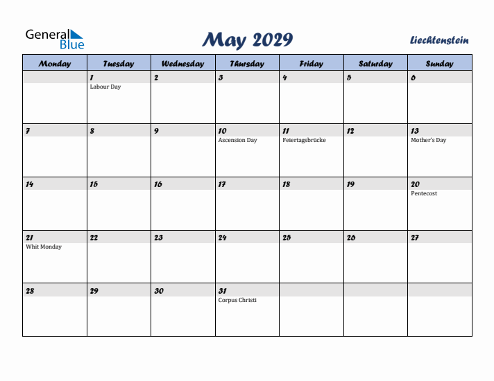 May 2029 Calendar with Holidays in Liechtenstein