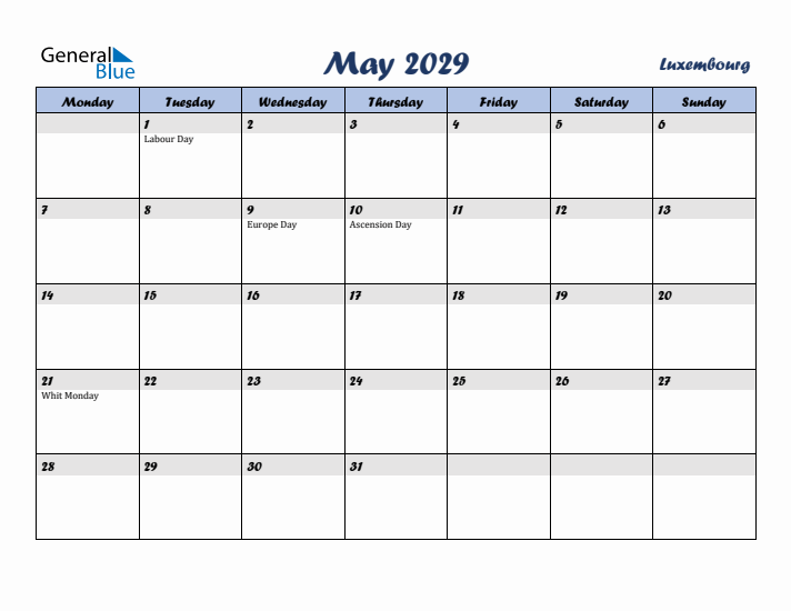 May 2029 Calendar with Holidays in Luxembourg