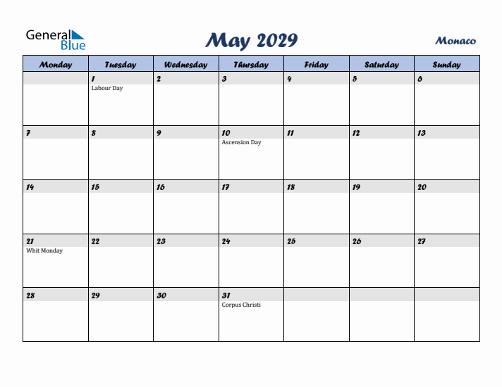May 2029 Calendar with Holidays in Monaco