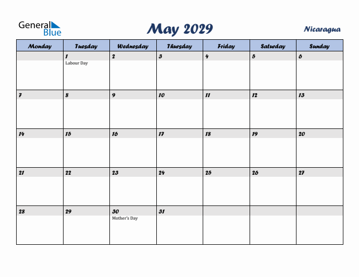 May 2029 Calendar with Holidays in Nicaragua
