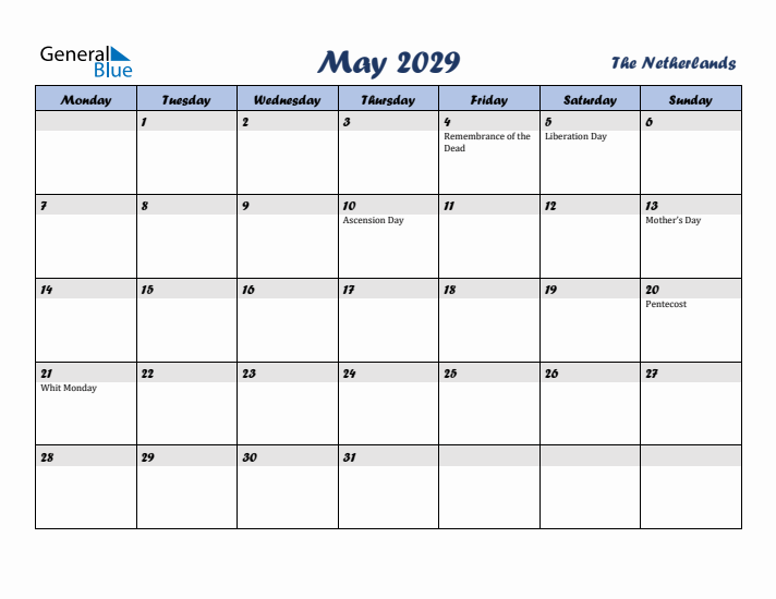 May 2029 Calendar with Holidays in The Netherlands