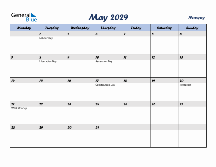 May 2029 Calendar with Holidays in Norway