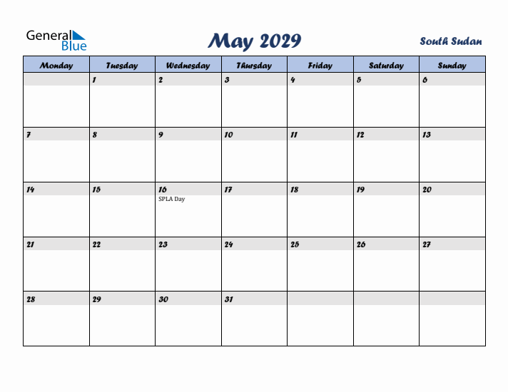 May 2029 Calendar with Holidays in South Sudan