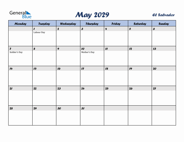 May 2029 Calendar with Holidays in El Salvador