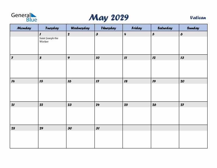 May 2029 Calendar with Holidays in Vatican