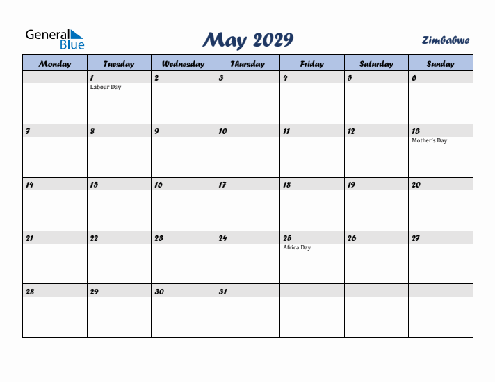 May 2029 Calendar with Holidays in Zimbabwe