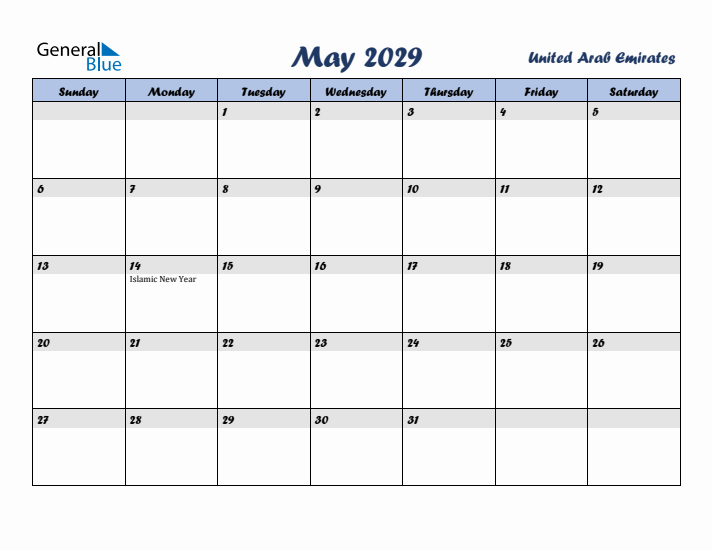 May 2029 Calendar with Holidays in United Arab Emirates