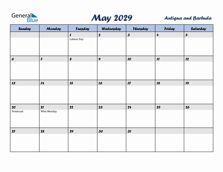 May 2029 Calendar with Holidays in Antigua and Barbuda