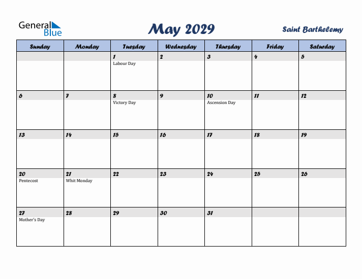 May 2029 Calendar with Holidays in Saint Barthelemy